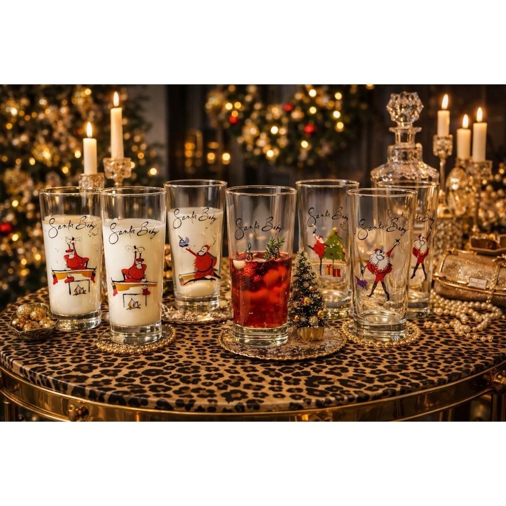 Pottery Barn Santa Baby Tall Drinking Glasses Set of 8 Retired Christmas Barewar